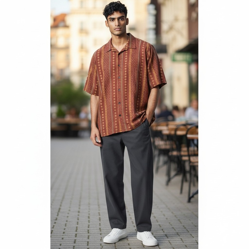 VatPave Button Down Shirt XXL Rust Brown Stripe Geometric Short Sleeve Relaxed